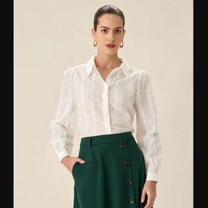 NWOT Rihoas XS White Jacquard Button-Up Shirt